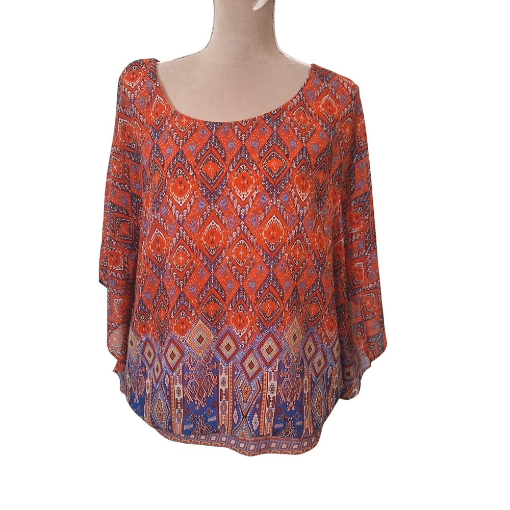 Roz & Ali Woman 1X Orange Blue Geometric Tribal Print Kimono Sleeve Blouse Top